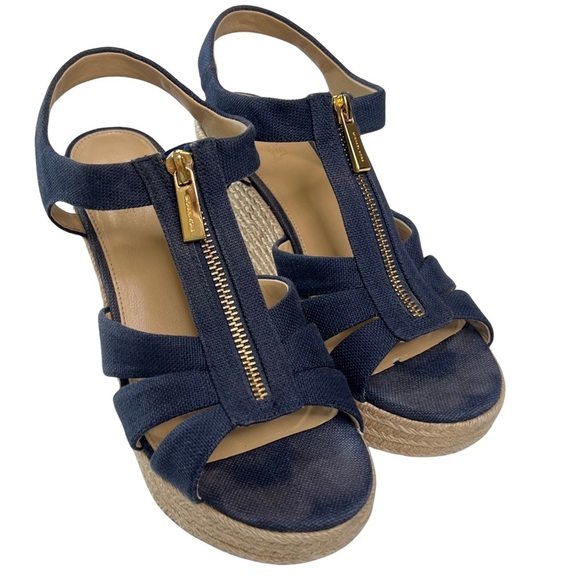 Michael Kors Sandals Berkley Canvas Jute Wedge Zipper Platform Navy Blue Tan 8 M - Picture 4 of 16